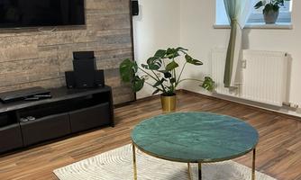 A modern living space with a large TV on a wooden wall. A round, green coffee table sits on a rug, surrounded by plants and a cozy sofa.