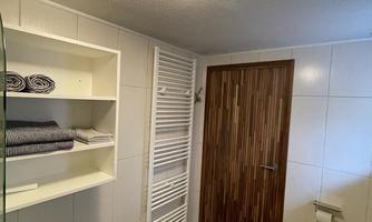 A modern bathroom with a wood door and a towel shelf. The walls are tiled and there is a towel warmer.
