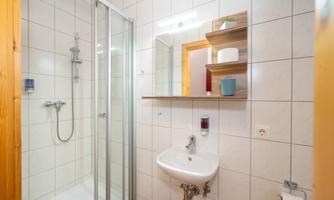 A modern bathroom with a shower cabin and a sink. The walls are light tiles, and there is a small mirror as well as a decorative shelf.