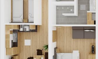 A modern apartment with an open kitchen and a cozy living area. The layout features two bedrooms and a bathroom, all well designed.