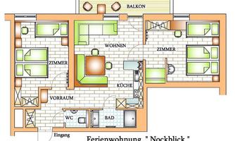 A floor plan sketch of a holiday apartment with a living room, kitchen, several rooms, and a balcony. The plan also shows areas such as an entrance hall, WC, and bathroom.