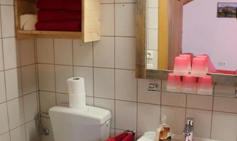 A small bathroom with a wooden ceiling and white tiles. Red towels are neatly hung up, and a mirror with lighting is on the wall.