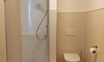 A modern bathroom with a shower and a toilet. The walls are bright and the furnishings are simple.
