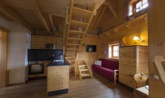 A cozy interior with wood paneling. The kitchen is modern and there is a staircase to an upper floor.