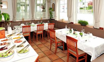 An inviting restaurant with laid tables and a selection of salads. Bright walls and plants create a friendly atmosphere.