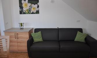 A modern living room with a black sofa and green cushions. A picture of white flowers is hanging on the wall.
