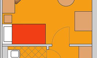 A simple room layout with one bedroom, one bathroom, and a small living area. The walls are orange, and the furniture is arranged minimally.