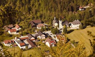 A picturesque village surrounded by trees and meadows. The architecture is typical for rural areas with a church steeple in the center.