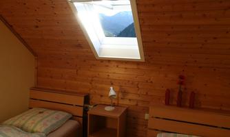 A cozy bedroom with wooden paneling and two single beds. A skylight offers a view of the mountains and allows daylight to stream in.