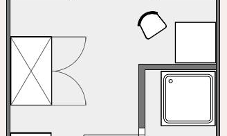 A floor plan drawing of a small living space. The space includes two bedrooms, a bathroom, and a kitchen.