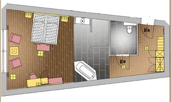 A floor plan of an interior space with two areas. The left area contains a bed, seating furniture, and a table, while the right area shows a bathroom with a bathtub.