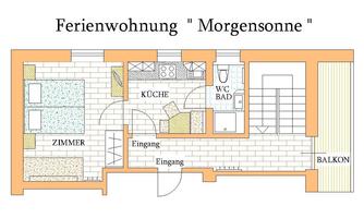 A floor plan sketch of the vacation apartment "Morning Sun". The apartment consists of one room, a kitchen, a bathroom, and a balcony.