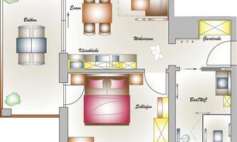 A floor plan of an apartment with various rooms. The layout shows a bedroom, living room, kitchen, and bathroom.
