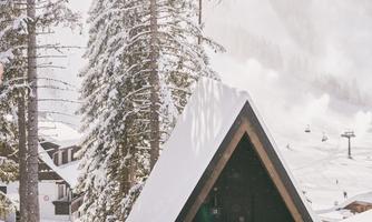 A modern, snow-covered chalet stands among tall, wintry trees. The sky is bright and the landscape appears calm and inviting.