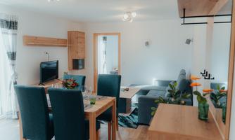 A modern apartment with an open living area. The space is bright and happily furnished, featuring a dining area and a cozy sofa.