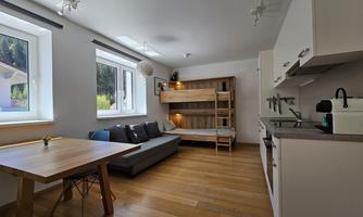 A modern living room with wooden flooring and plenty of natural light. The furniture includes a sofa, a table, and a loft bed.