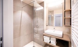 A modern bathroom with a glass shower and a stylish sink. Towels are neatly stacked on a shelf.