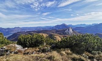 A stunning mountain landscape with green firs and wide views. The sky is clear and the mountains stretch to the horizon.