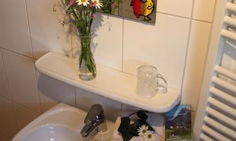 A small bathroom with a sink and a mirror. On the shelf are flowers in a vase and fresh towels.