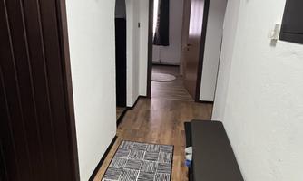 A narrow hallway with wooden flooring and a black-and-white carpet. It leads to several doors and has an archway at the upper area.