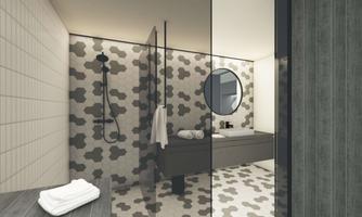 A modern bathroom with a stylish design. There is a large shower, a mirror, and elegant tiles.