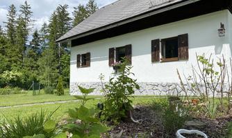 A beautiful house with white walls and wooden windows, surrounded by a green garden. In the background, there are trees and a blue sky.