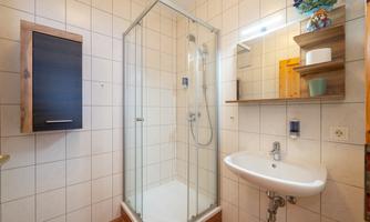 A modern bathroom with a shower and a washbasin. The walls are tiled and there are some shelves for accessories.