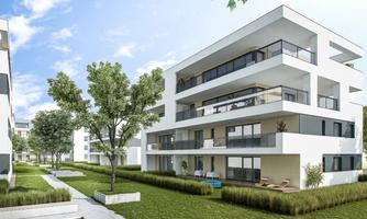 Modern residential buildings with white facades and large balconies.  
Surrounded by well-maintained green spaces and trees.