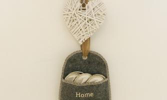 A decorative storage bag with the inscription "Home" and a white heart decoration. It hangs on a wall with several hooks.
