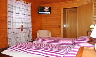 A cozy bedroom with wooden walls and a television. Two beds with striped bedspreads are clearly visible, and a chair is in the corner.
