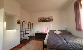 A cozy bedroom with a single bed, a mirror, and a shelf. The walls are painted in light colors and a picture hangs above the bed.