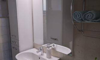 A modern bathroom with a sink, mirror, and storage space. Neatly arranged towels and plants create a pleasant atmosphere.