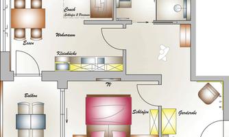 A floor plan of a modern apartment featuring a living room, a bedroom, and a dining area. The rooms are well laid out and offer space for various activities.