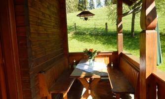 A cozy seating area on a wooden porch, surrounded by natural elements. A vase with fresh flowers is on the table.