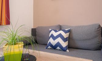 A cozy living room with a gray sofa and a cushion in zigzag pattern. A green plant and a wooden table complete the relaxed atmosphere.