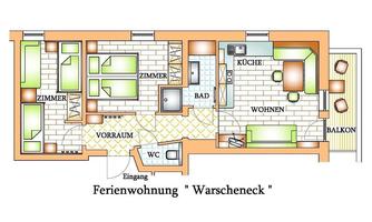 An overview of the floor plan of a holiday apartment with various rooms, kitchen, and balcony. The plan shows the arrangement of rooms and entrances.