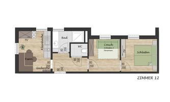 A floor plan of a room with various areas. The sections are labeled as kitchen, bathroom, living room, and bedroom.