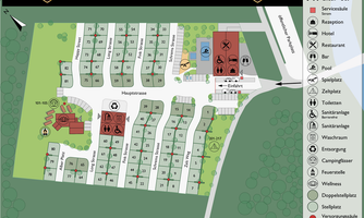 Overview map of the Camping Resort Hinterstoder with campsites, facilities, and recreational offers. The map shows different areas such as restaurant, pool, and playground.