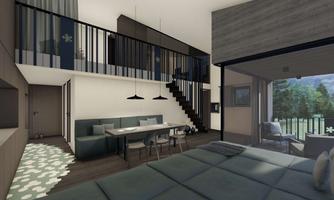 A modern room with a cozy bed and a dining area. Large windows offer a view of nature and an open staircase leads to an upper area.