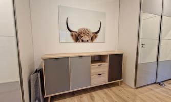 A modern living space with a wooden wardrobe and a picture of a Highland cow on the wall. The floor is made of wood, and the walls are brightly designed.