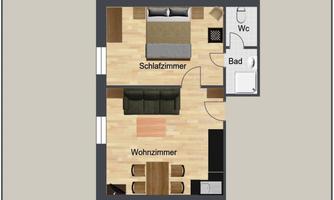 A floor plan of an apartment with two rooms. The bedroom and the living room are clearly arranged, and there is a bathroom with a toilet.