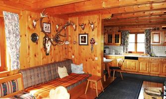 A cozy room with wooden paneling and rustic decorations. The kitchen is well-equipped, and the living room invites you to linger.