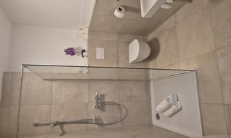 A modern bathroom with a glass shower and an elegant sink. Towels are neatly placed on the floor.