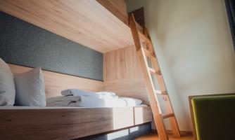 A modern room with a wooden loft bed and a ladder. The floor is made of wood, and there are some pillows on the bed.