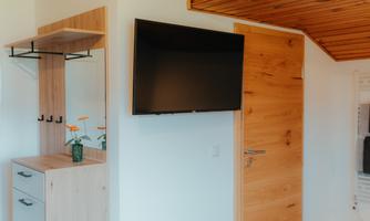 A modern room with a wooden wardrobe and a flat-screen TV on the wall. The door is made of wood, and the decor feels bright and inviting.