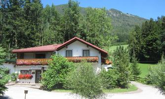 A charming house surrounded by trees and flowers. In the background, green hills and a blue sky are visible.