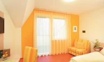 A bright room with orange walls and large windows. There is a cozy sofa and a table with flowers.