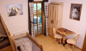 A cozy room with a single bed, a wooden table, and two chairs. There are windows with a view outside and pictures of animals on the wall.