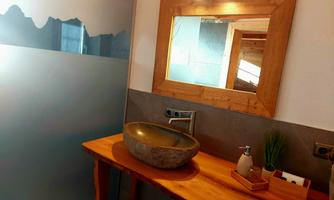A modern bathroom with a stylish stone sink and a wooden shelf. A large mirror and green plants create a cozy atmosphere.