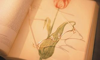 An open page of a book with a drawing of a flower and a pair of reading glasses on it. The light falls softly on the page, highlighting the beautiful colors of the illustration.